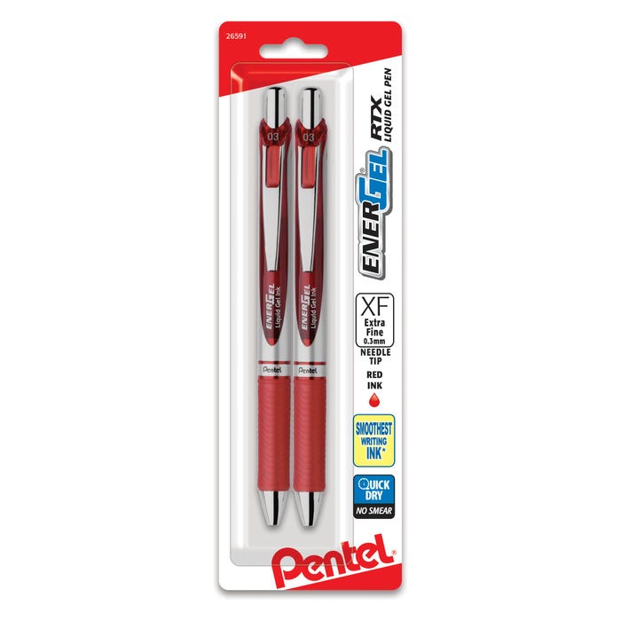 Pentel EnerGel RTX Retractable Liquid Gel Pen, 0.3 mm Needle Tip, Red Ink, Pack of 2