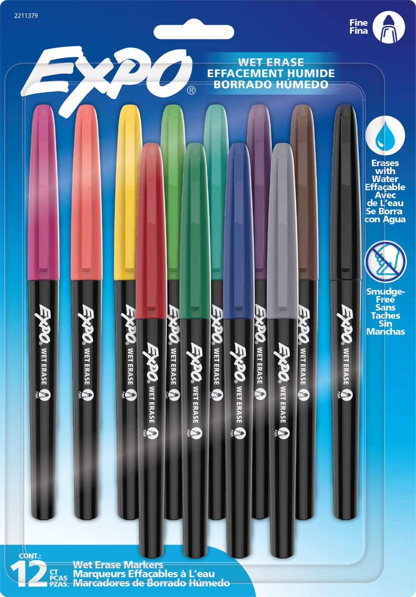 EXPO Wet Erase Semi-Permanent Markers, Fine Point, Assorted Colors, Set of 12 2150504