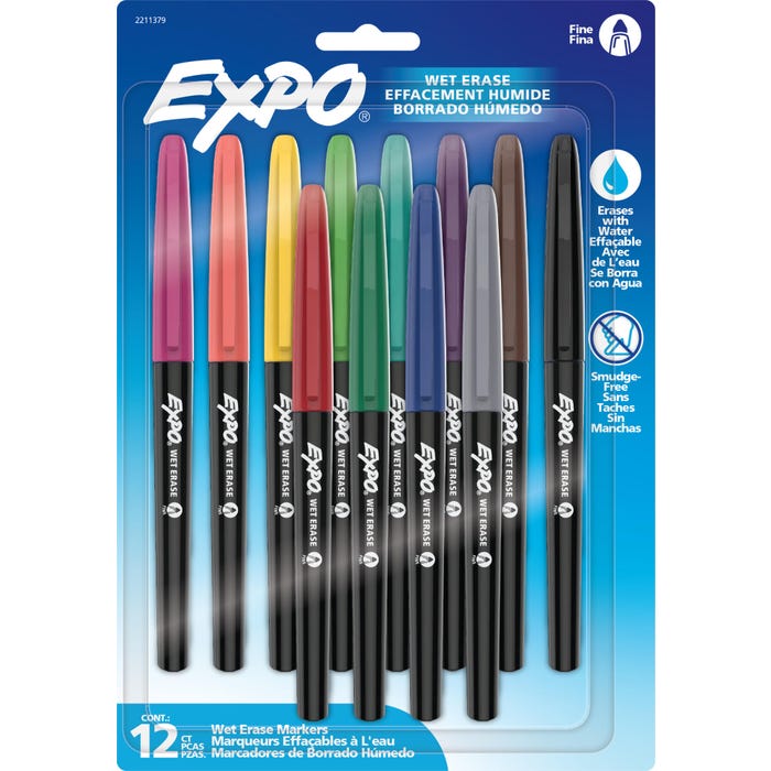 EXPO Wet Erase Semi-Permanent Markers, Fine Point, Assorted Colors, Set of 12