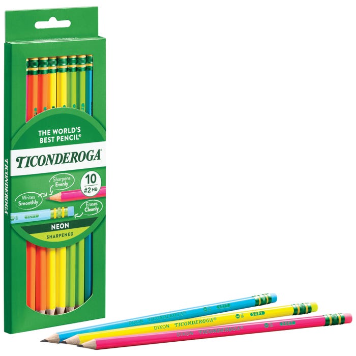 Ticonderoga Pre-Sharpened Non-Toxic Pencils, Assorted Neon Wood Case Colors, Set of 10