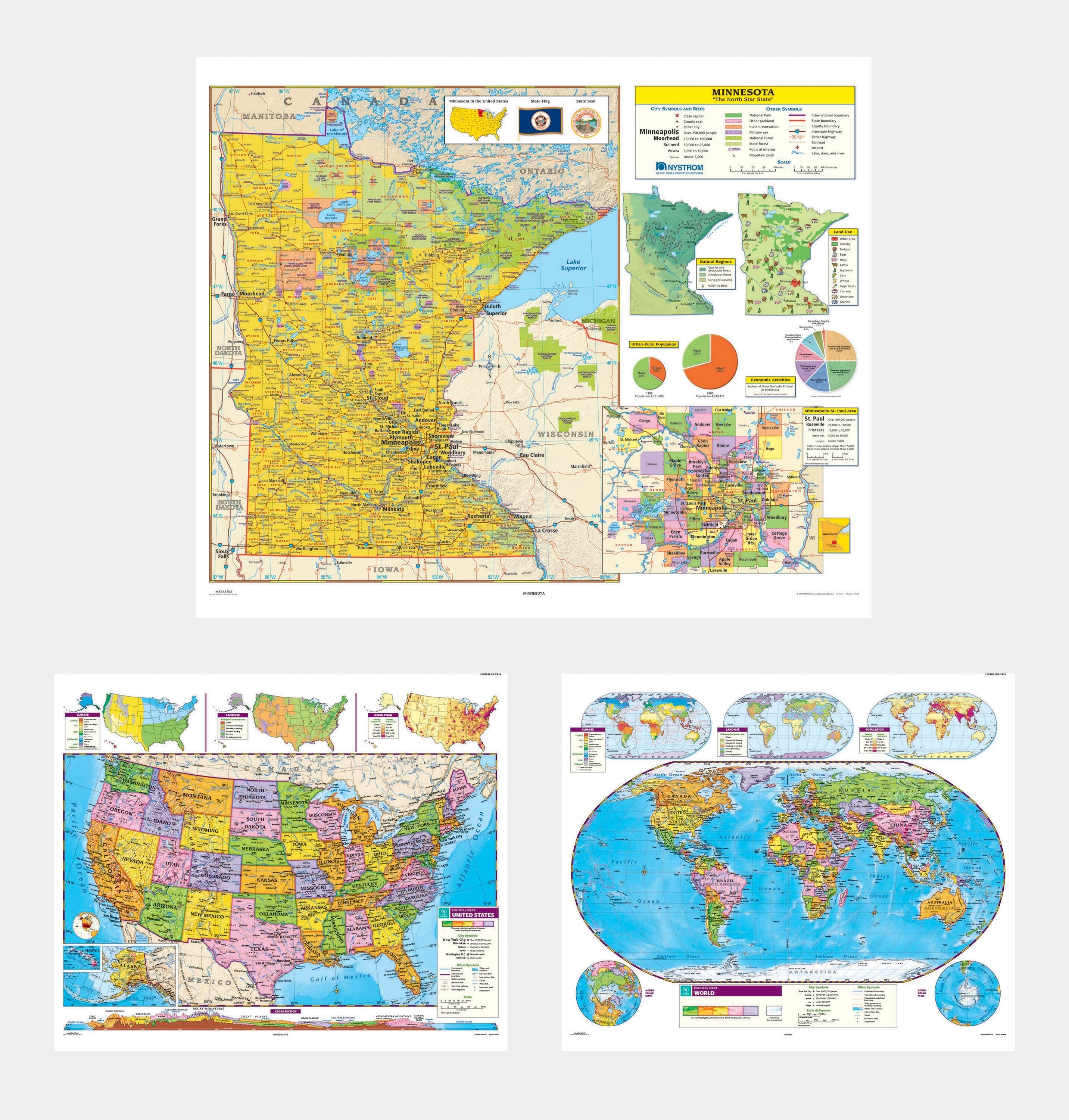 Social Studies MINNESOTA/U.S./WORLD MAP COMBO, Markable, Erasable, Grades 4-12, Item Number 1566312