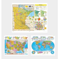 Social Studies MINNESOTA/U.S./WORLD MAP COMBO, Markable, Erasable, Grades 4-12, Item Number 1566312