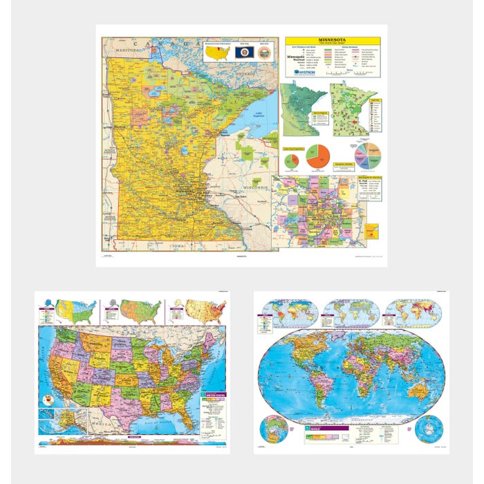 Social Studies MINNESOTA/U.S./WORLD MAP COMBO, Markable, Erasable, Grades 4-12