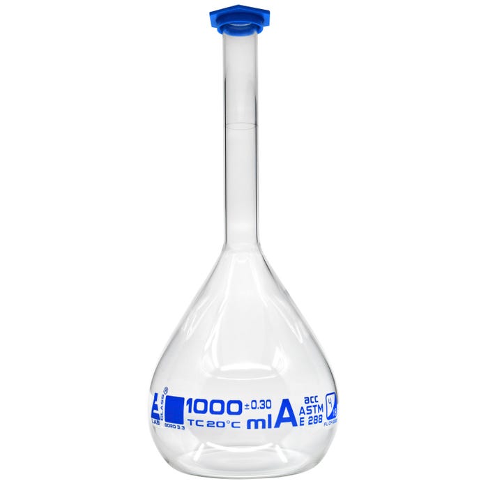 Eisco Labs Volumetric Flask, Glass with Snap Cap, Class A, 1000 mL