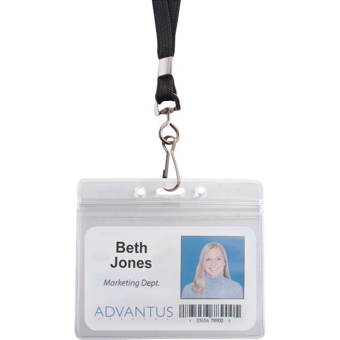 Advantus Badge Holders, w/36 Inches L Lanyard, Horiz, Pack of 20, Black/Clear