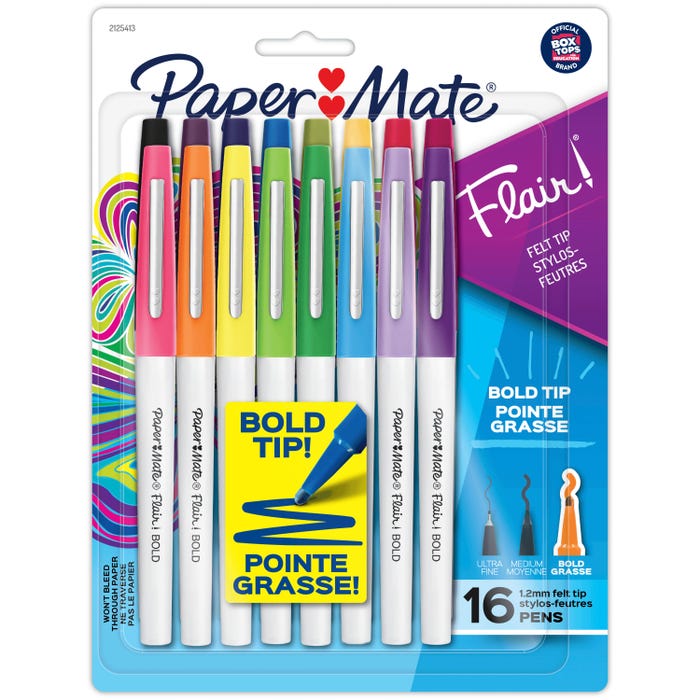Paper Mate Flair Felt Tip Pens, Bold Tip, 1.2 mm, Assorted Colors, Pack of 16
