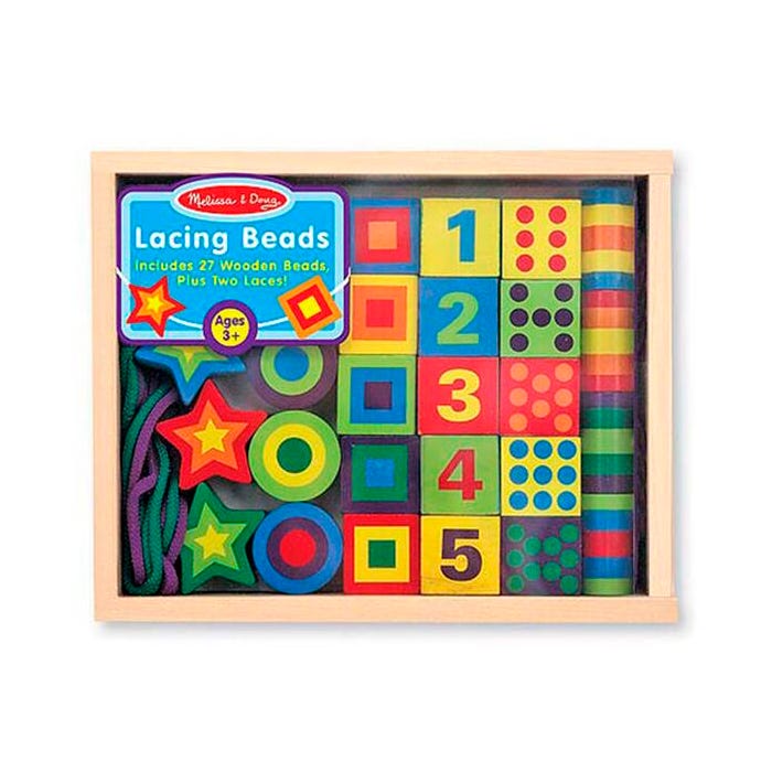 Melissa & Doug Wooden Lacing Beads, 27 Pieces with 2 Laces