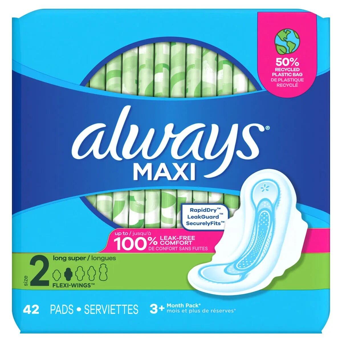Image for Always Maxi Pads with Flexi-Wings, Size 2, Long Super, Pack of 42 from School Specialty