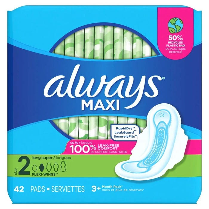 Always Maxi Pads with Flexi-Wings, Size 2, Long Super, Case of 168