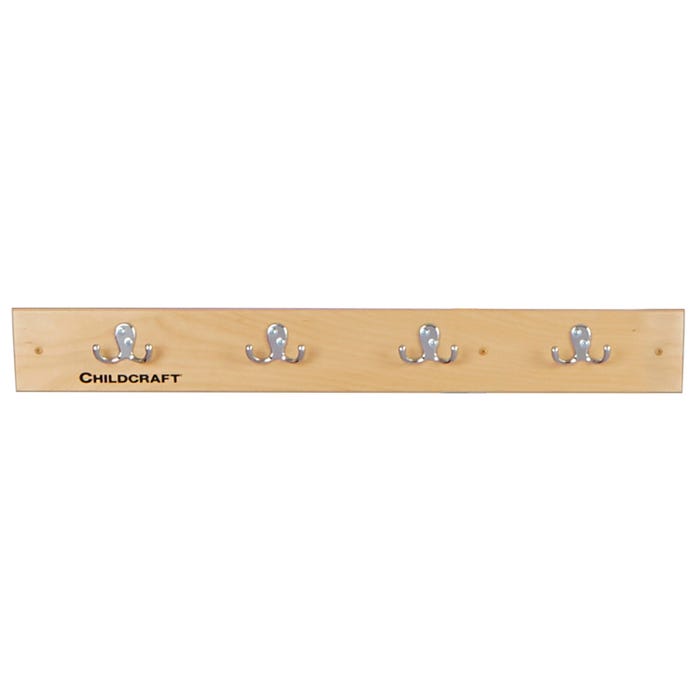 Childcraft Wall Mount Coat Rack Strip, Wooden, 4 Double Hooks, 29-3/4 x 1-7/8 x 4 Inches