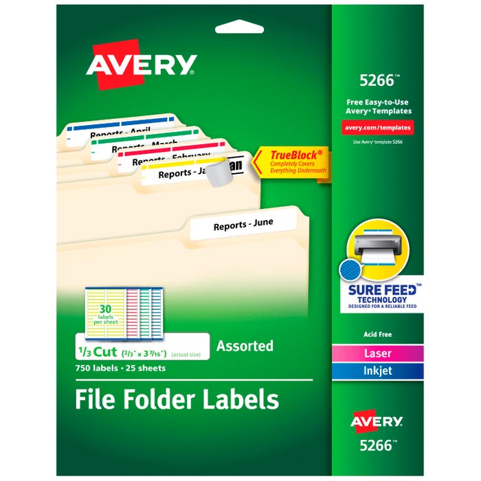 Avery Printable File Folder Labels, 2/3 x 3-7/16 Inches, Assorted Colors, Pack of 750