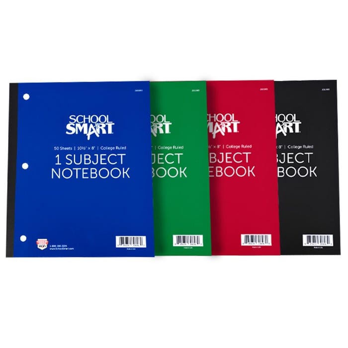 School Smart Wireless Notebook, 1 Subject, College Ruled, 8 x 10-1/2 Inches, 50 Sheets, Assorted Colors