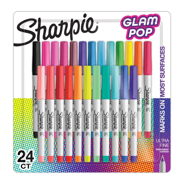 Sharpie Permanent Markers, Ultra Fine Point, Assorted Glam Pop Colors, Pack of 24