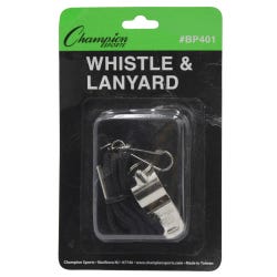 Champion Sports Metal Whistle and Lanyard, Pack of 12, Black 394466