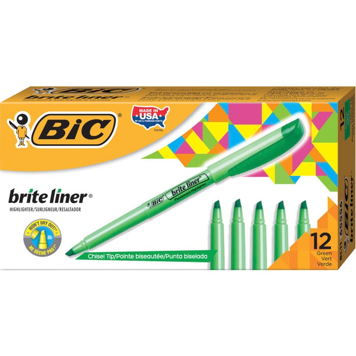 BIC Brite Liner Pocket Style Highlighter, Chisel Tip, Green, Pack of 12