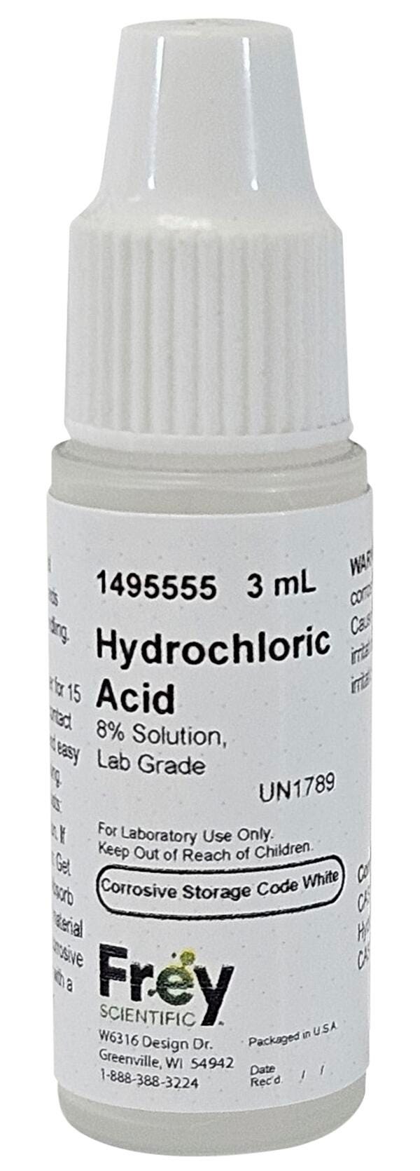 Frey Scientific Hydrochloric Acid, Clear, 8% Solution Dropper, HCl, Liquid, Lab Grade 1495555