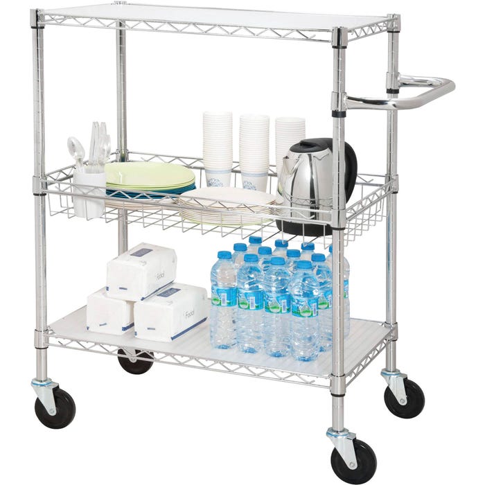 LORELL 3-Tier Wire Rolling Cart, 30 in W X 18 in D X 40 in H, Steel, Chrome Plated, 4 Wheel