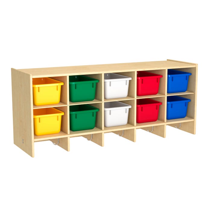 Childcraft Wall Mounted Coat Locker, 10 Cubbies, Primary Color Bins, 47-3/4 x 14-1/4 x 19-3/4 Inches