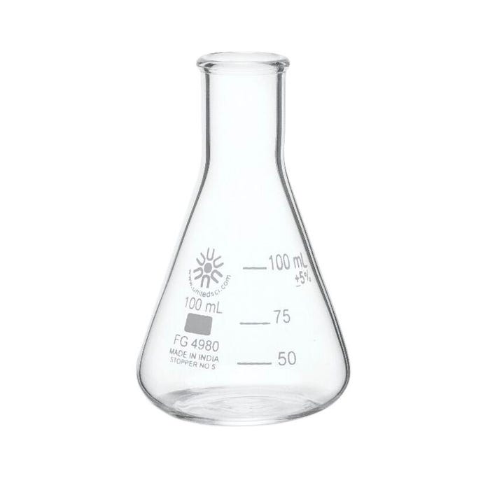 United Scientific Narrow Mouth Erlenmeyer Flasks, Borosilicate Glass, 100 Milliliters, Pack of 12