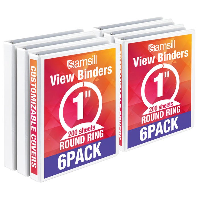 Samsill Economy View Binder, 1 Inch, Round Ring, White, Pack of 6