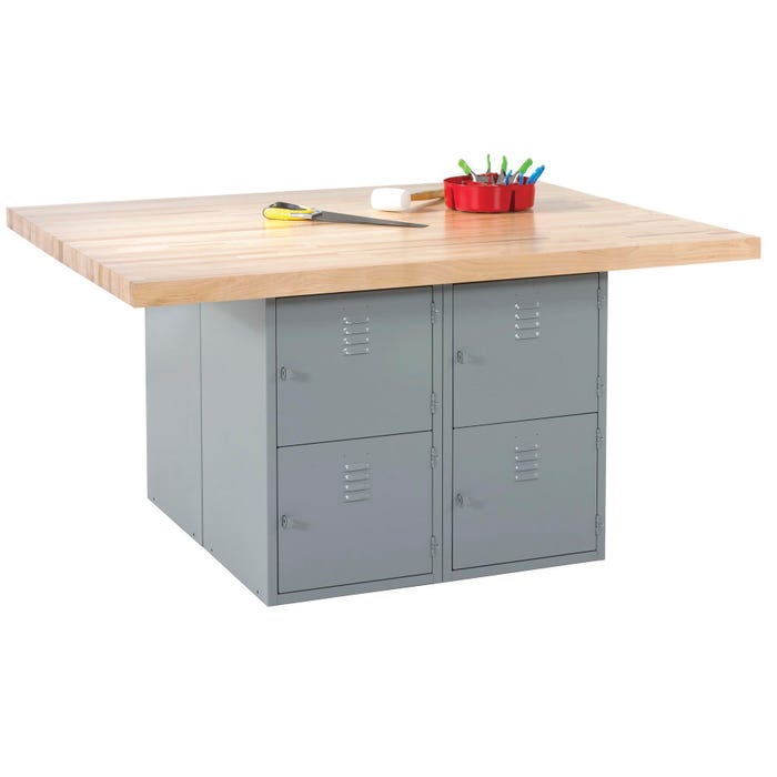 Diversified Spaces Forum Four-Station Industrial Arts Workbench with 4 Vises and 8 Lockers, 64 x 54 x 33-1/2 Inches