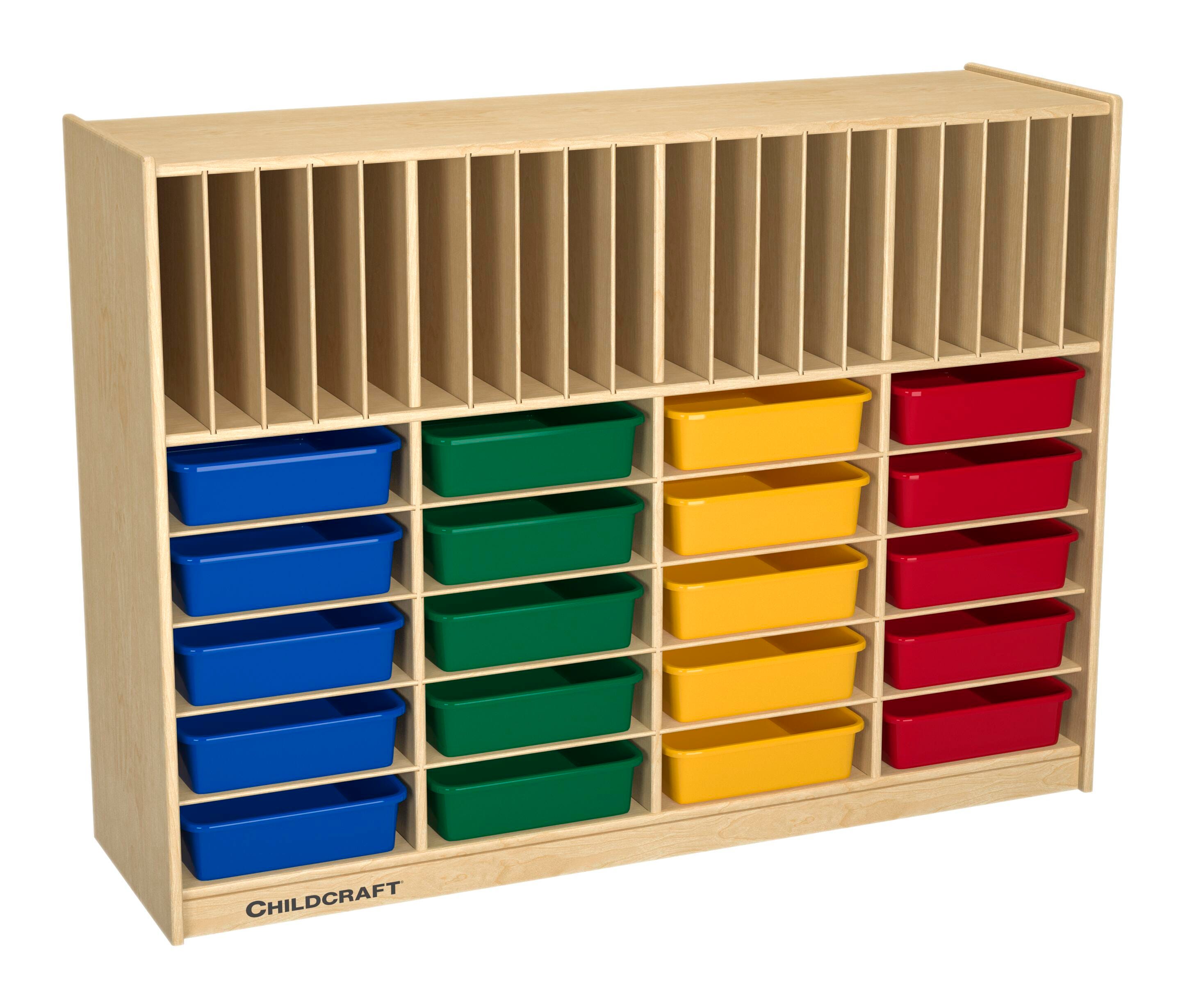 Childcraft Mobile Flat Tray and Folder Cubby Unit, 47-3/4 x 14-1/4 x 36 Inches, 20 Assorted Color Flat Trays, Item Number 2092041
