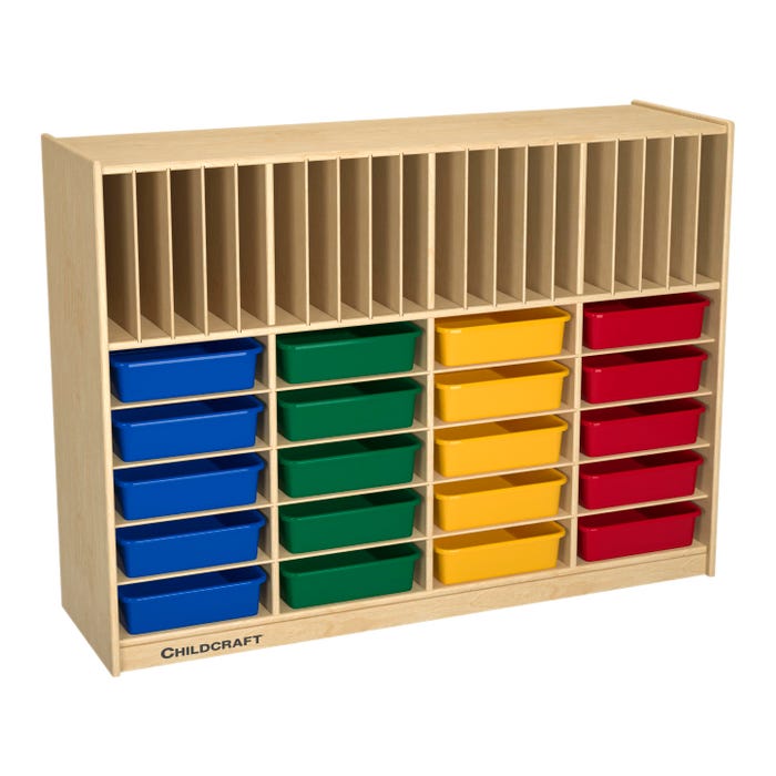 Childcraft Mobile Flat Tray and Folder Cubby Storage Unit, 20 Assorted Color Trays, 47-3/4 x 14-1/4 x 36 Inches