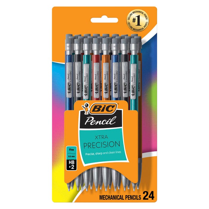 BIC Xtra Precision Mechanical Pencils, 0.5mm, No 2 HB, Assorted Metallic Colors, Pack of 24