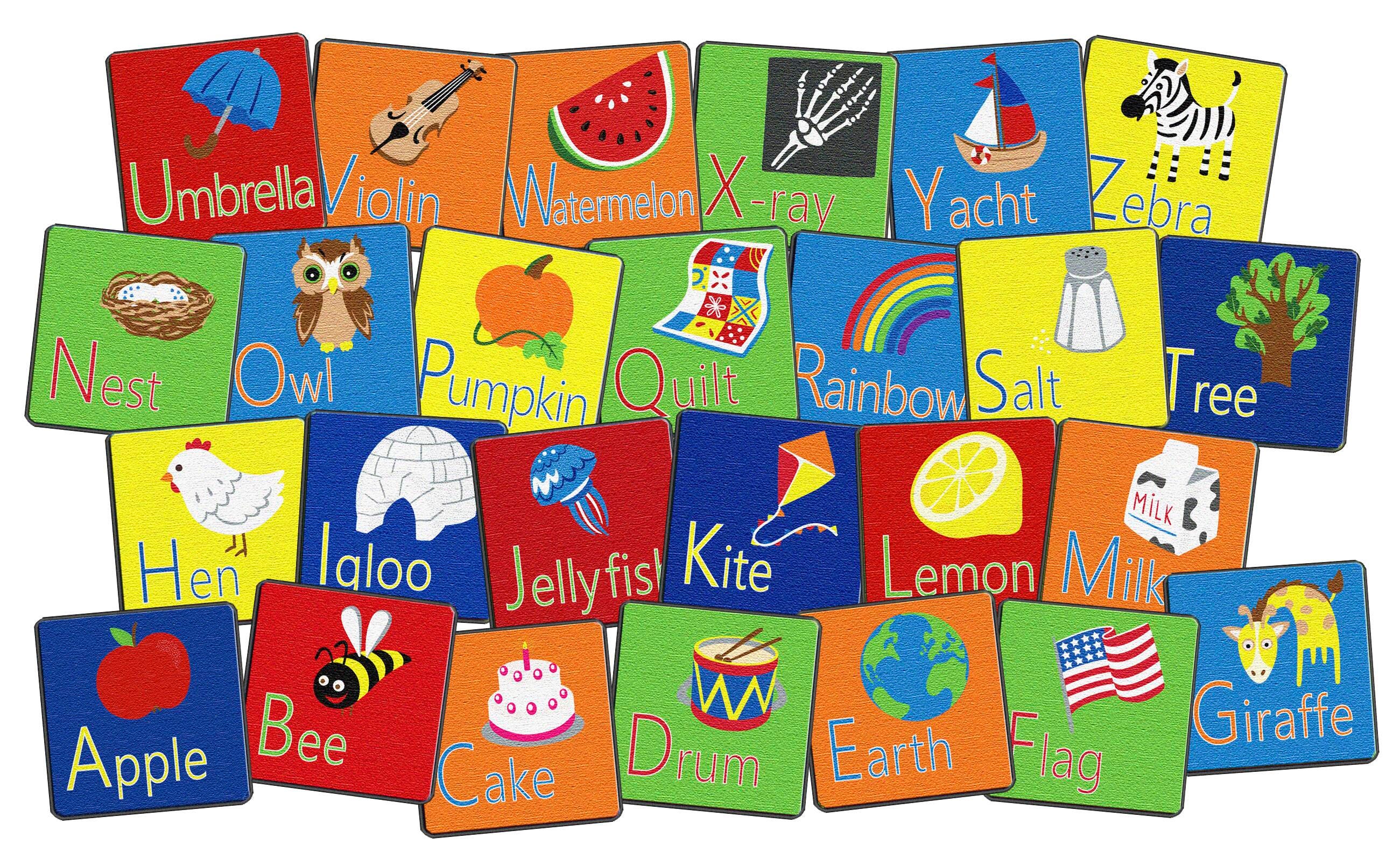 Flagship Carpets Alphabet Seating Carpet Squares, 16 x 16 Inches, Set of 26, Item Number 1549594