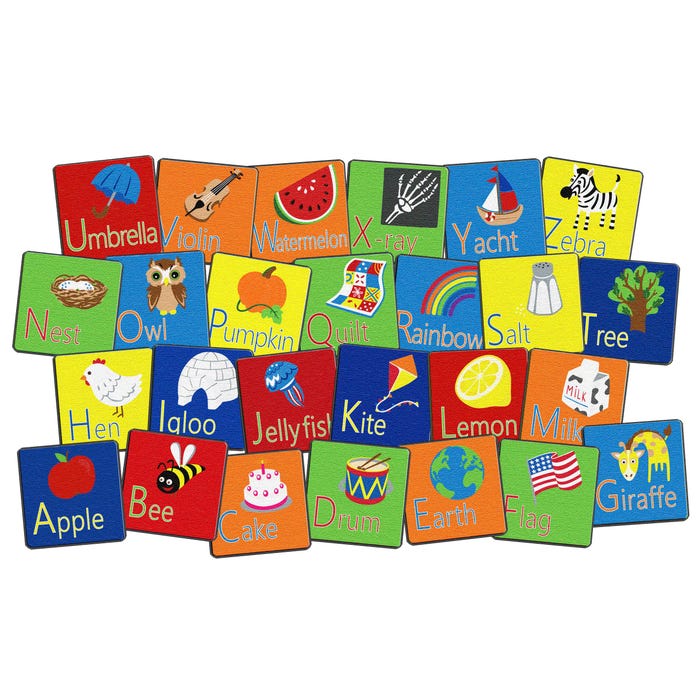 Flagship Carpets Alphabet Seating Carpet Squares, 16 x 16 Inches, Set of 26