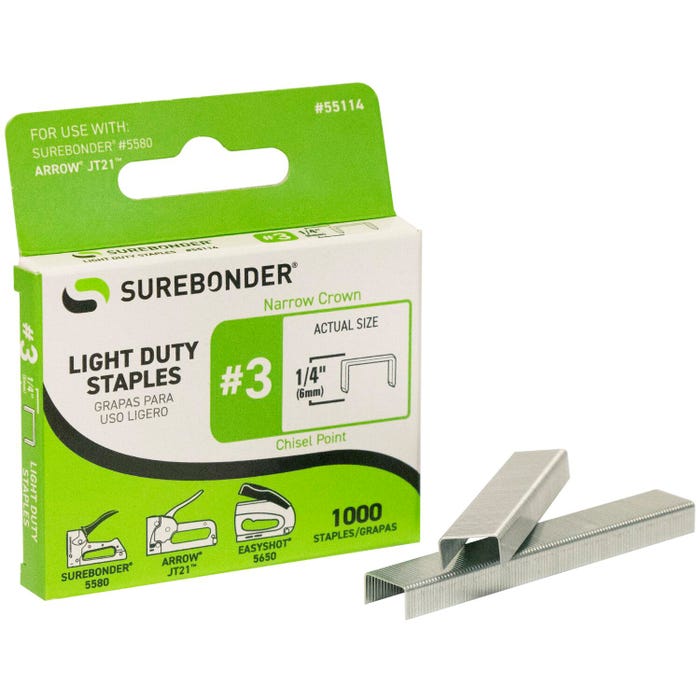 Surebonder Number 3 Staples, Light Duty 1/4 Inch Narrow Crown, Pack of 1000