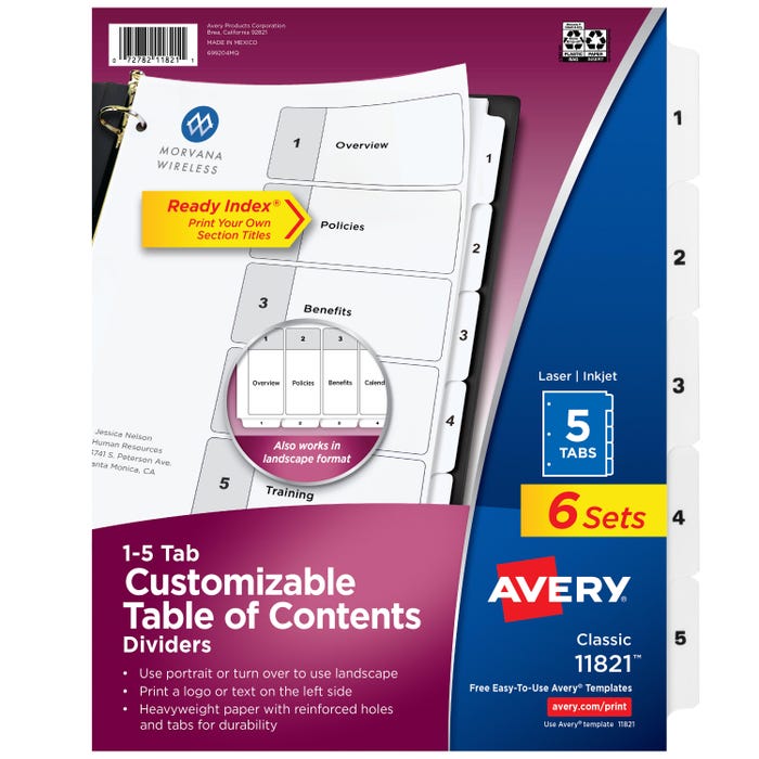 Avery Ready Index Dividers, 5 Tab, 1-5, Black/White, 6 Sets