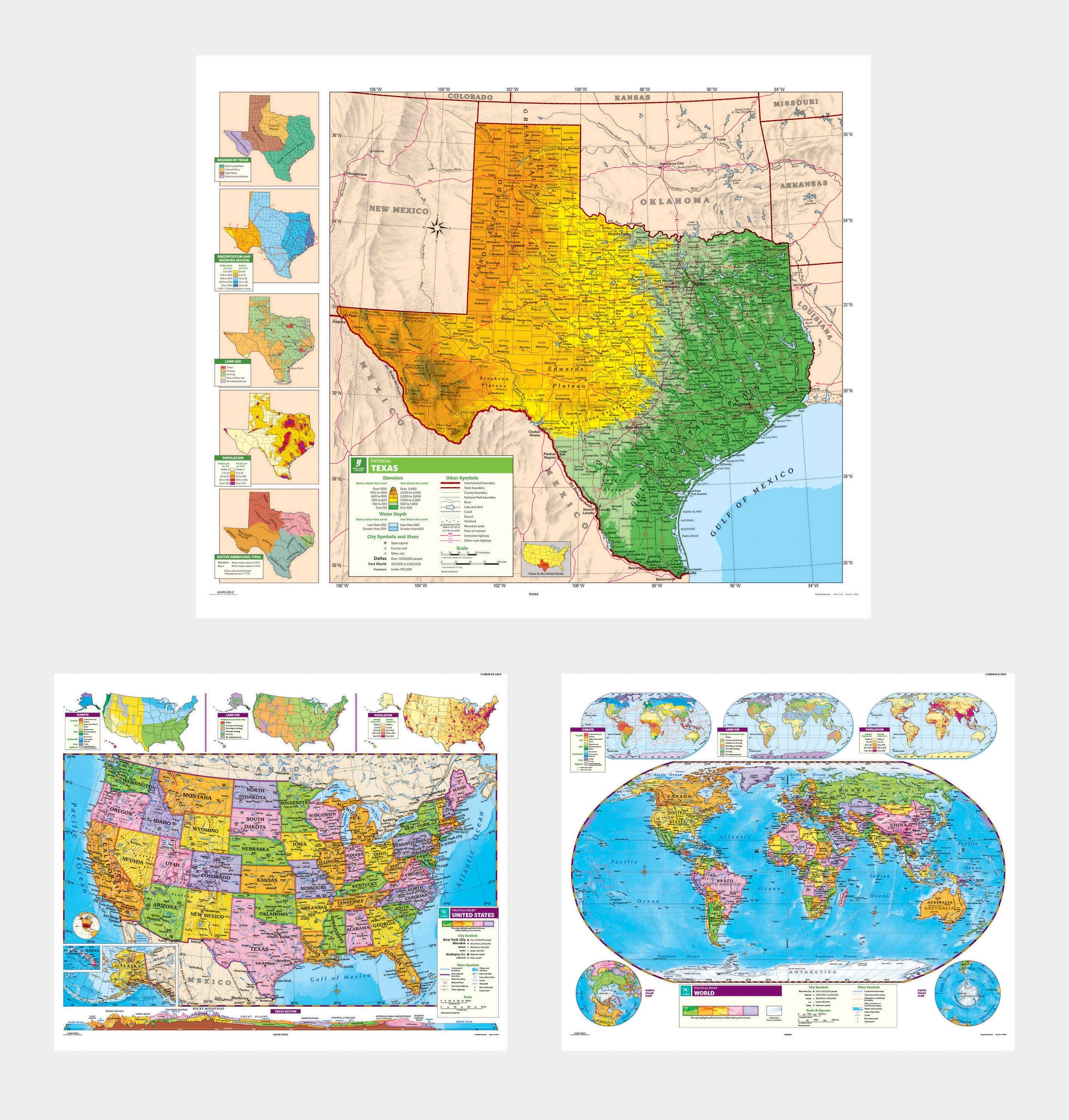 Social Studies TEXAS/U.S./WORLD MAP COMBO, Markable, Erasable, Grades 4-12, Item Number 1566328