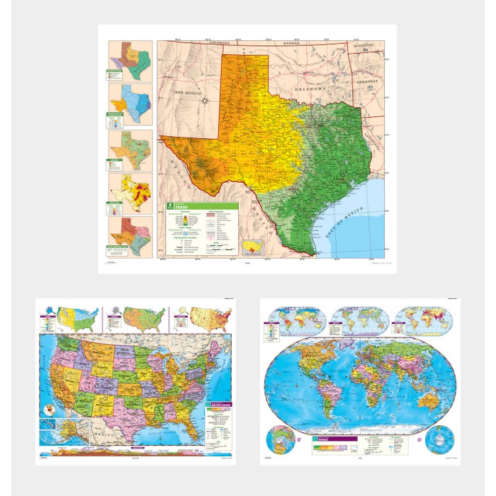 Social Studies TEXAS/U.S./WORLD MAP COMBO, Markable, Erasable, Grades 4-12