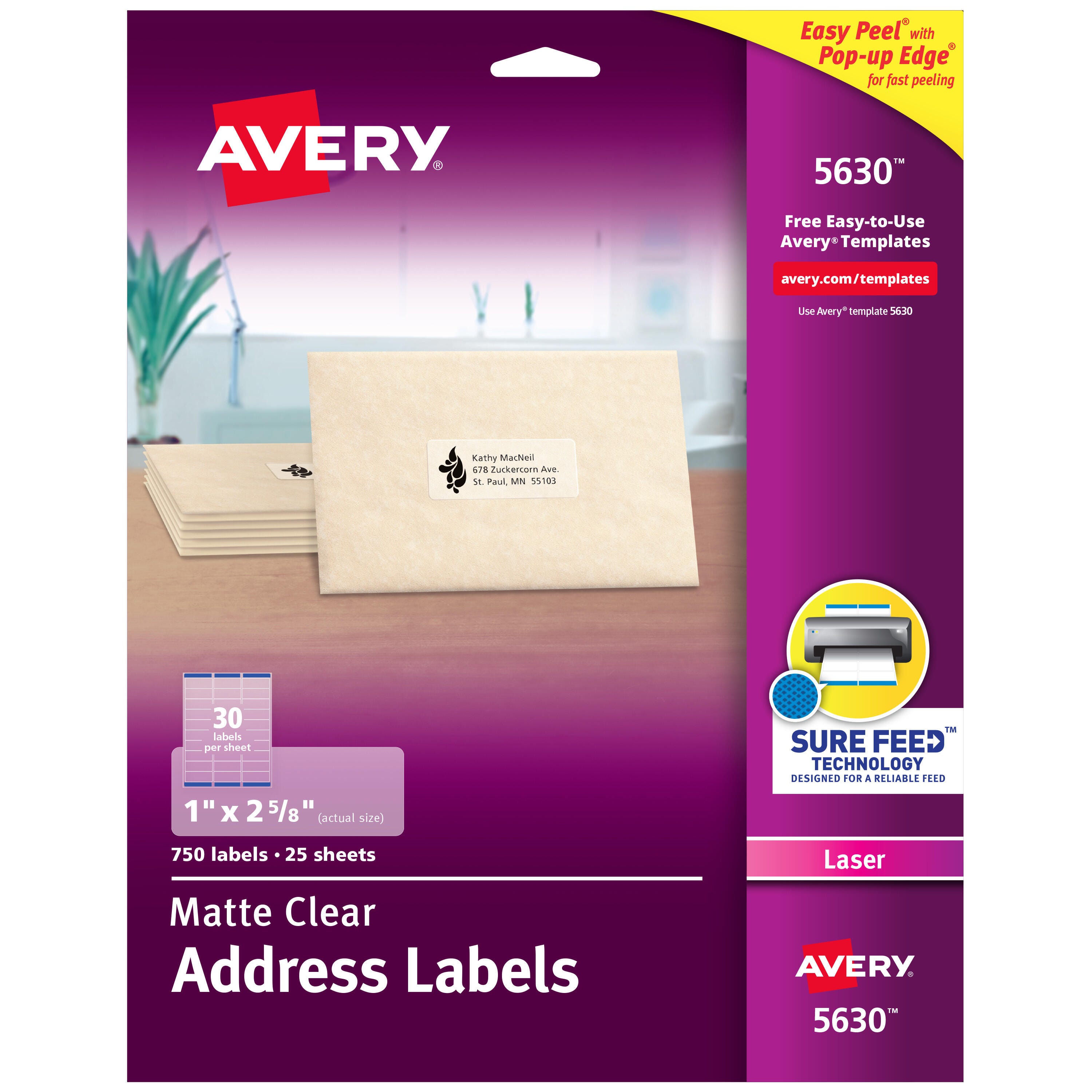 Avery Easy Peel Address Labels, Laser, 1 x 2-5/8 Inches, Clear, Pack of 750 1054636