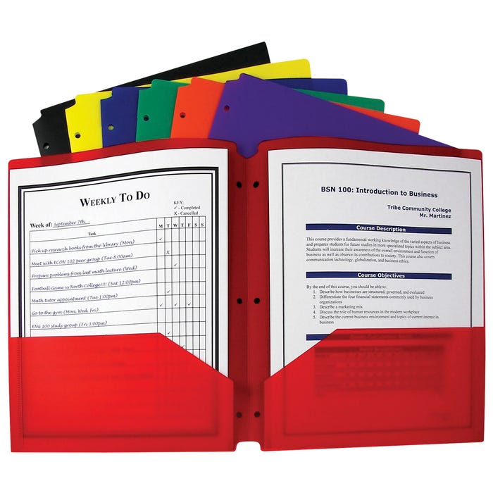 C-Line 2-Pocket Poly Folder, 3 Hole Punched, Assorted Colors, Set of 36