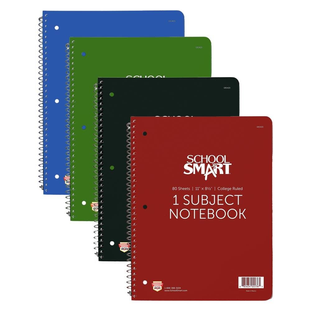 School Smart Spiral Non-Perforated 1 Subject College Ruled Notebook, 80 Sheets, 11 x 8-1/2 Inches 085420