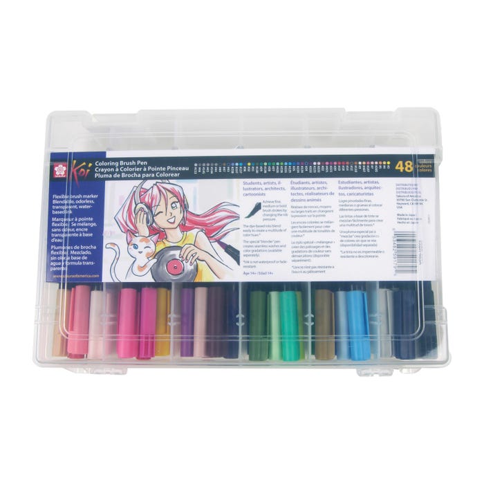 Sakura Koi Dye-Based Coloring Brush Marker, Flexible Nylon Tip, Assorted Colors, Set of 48