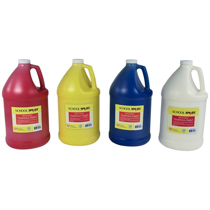 School Smart Washable Tempera Paints, 1 Gallon Bottles, Assorted Colors, Set of 4