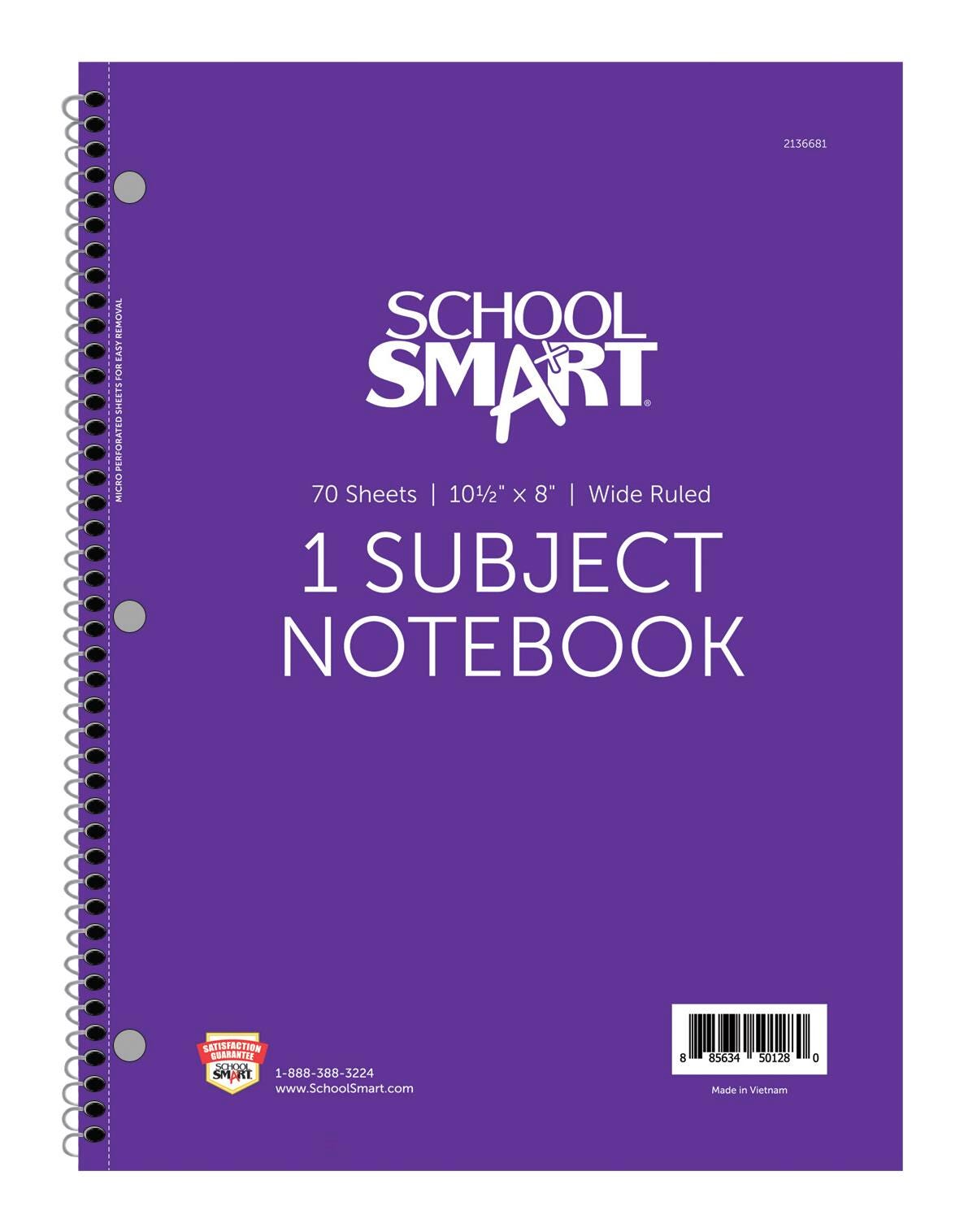 School Smart Wide Ruled Spiral Notebook, 8 x 10-1/2 Inches, 1 Subject, Purple, 70 Sheets 2136681