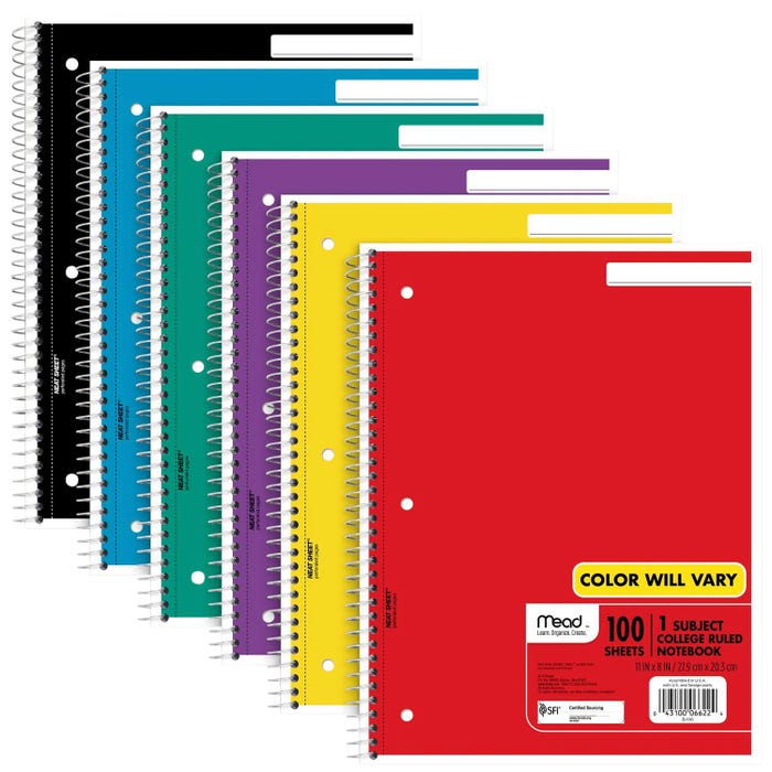 Mead Wirebound Notebook, 1 Subject, College Ruled, 8-1/2 x 11 Inches, Colors May Vary, 100 Sheets