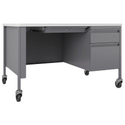 Lorell Fortress White/Platinum Steel Teachers Desk, Right Pedestal, Mobile, 48 x 30 x 29-1/2 Inches, White/Platinum 2005689