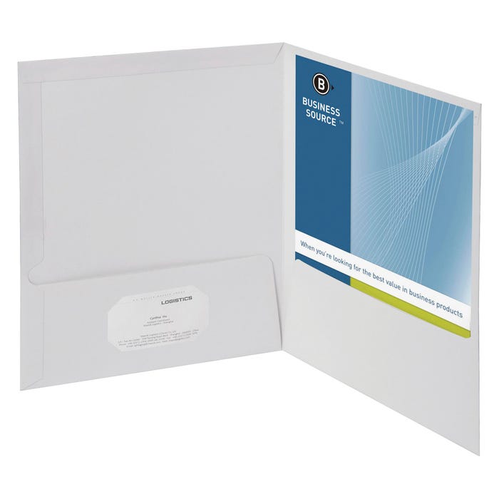 Business Source 2-Pocket Laminated Folder, 100 Sheet Capacity, White, Pack of 25
