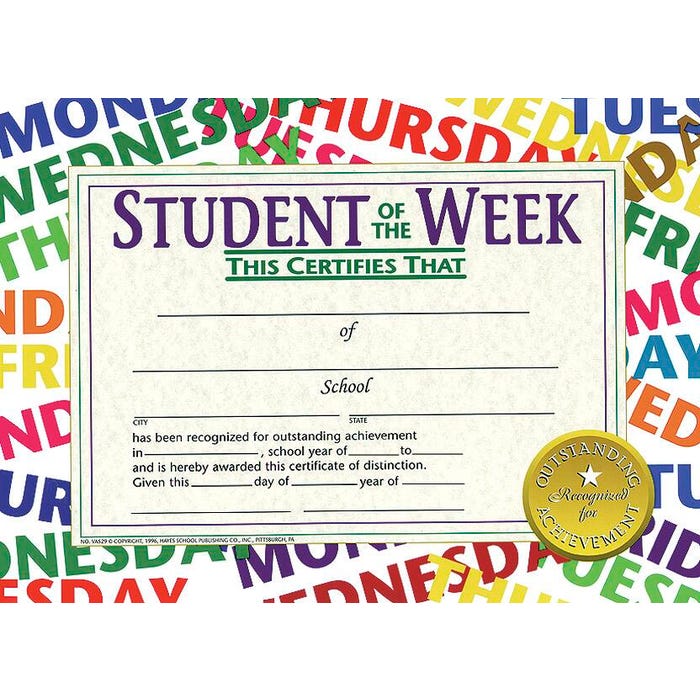 Hayes Student of the Week Certificate, 11 x 8-1/2 inches, Paper, Pack of 30