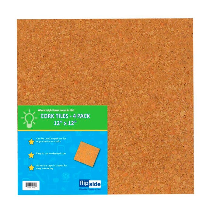 Flipside Cork Tiles, 12 x 12 Inches, Natural, Pack of 4