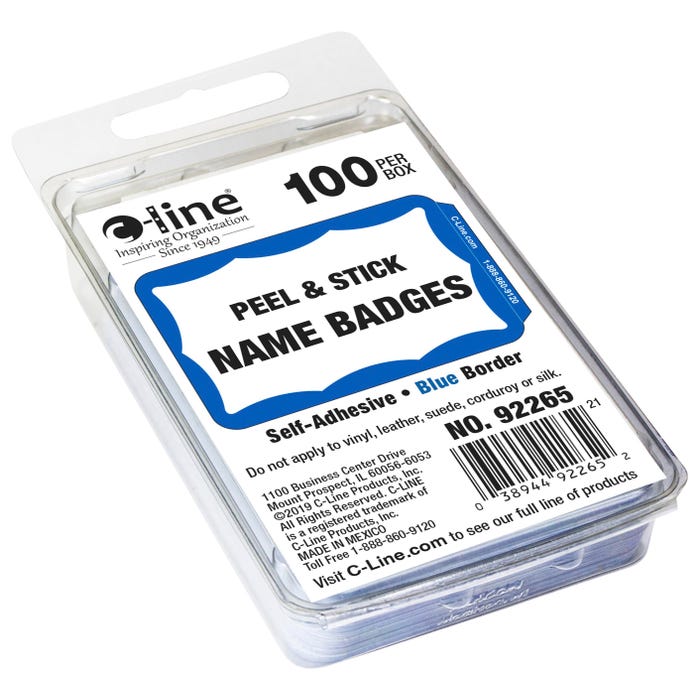 C-Line Adhesive Name Badges, 3-1/2 x 2-1/4 Inches, Blue Border, Pack of 100