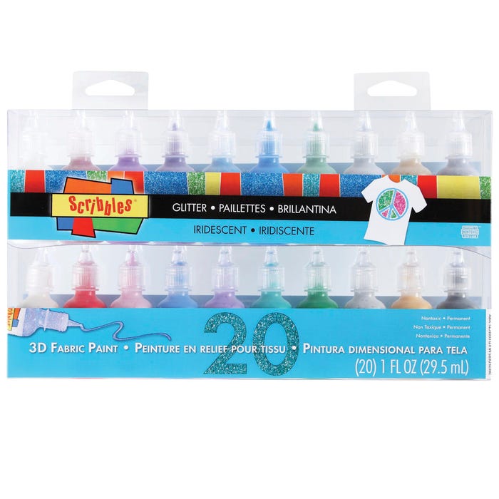 Scribbles 3D Fabric Paint Set, 1 oz Bottle, Assorted Iridescent, Set of 20