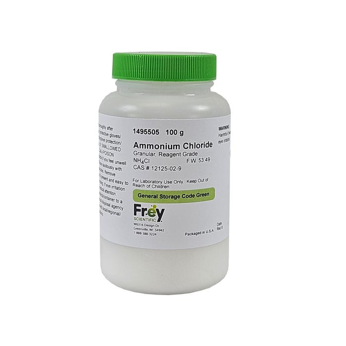 Frey Scientific Ammonium Chloride, White Crystals, Granules/Powder, Reagent Grade, 100 Grams