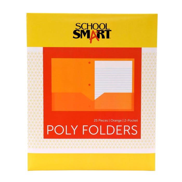 School Smart 2-Pocket Poly Folders, Letter Size, 3-Hole Punched, Orange, Pack of 25
