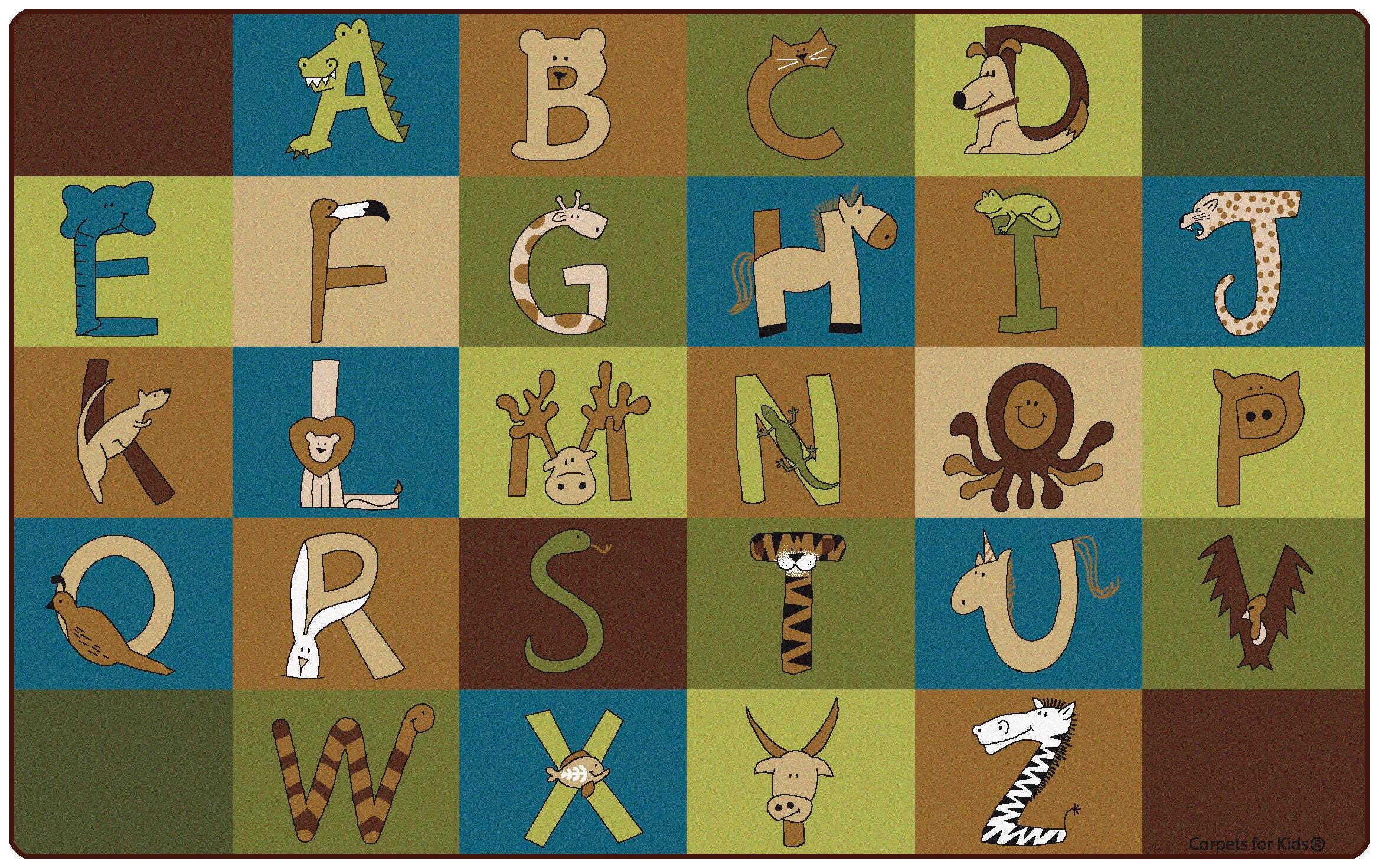 Carpets for Kids A to Z Animals Rug, 7 Feet 6 Inches x 12 Feet, Rectangle, Nature Colors, Brown, Item Number 1467815